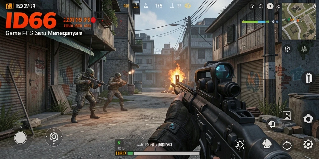 Screenshot gameplay ID66 menunjukkan aksi tembak-tembakan yang intens.