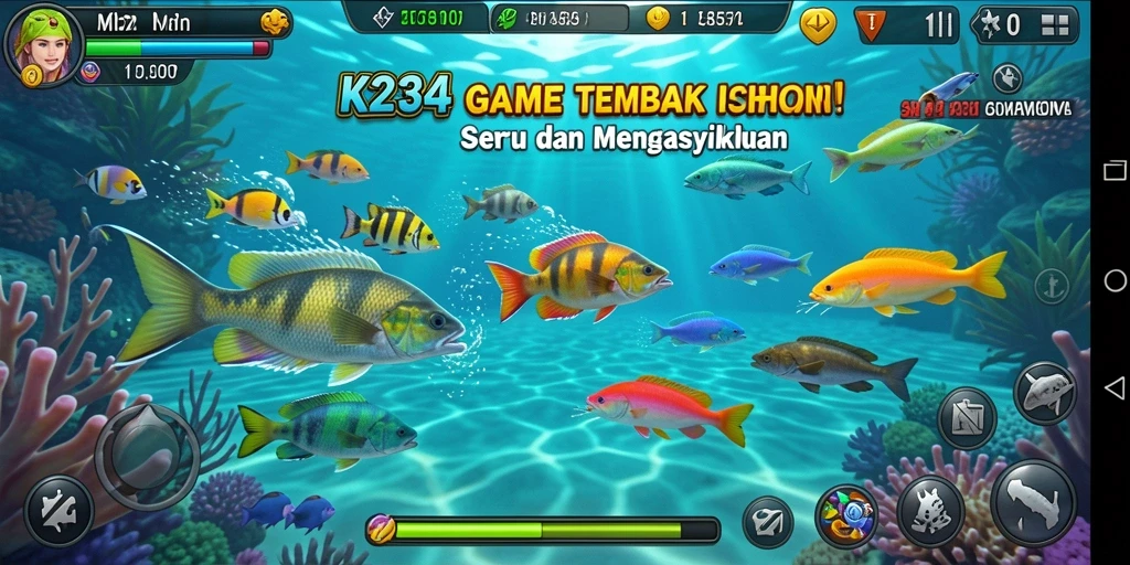 Tampilan gameplay K234 yang seru dengan banyak ikan untuk ditembak.